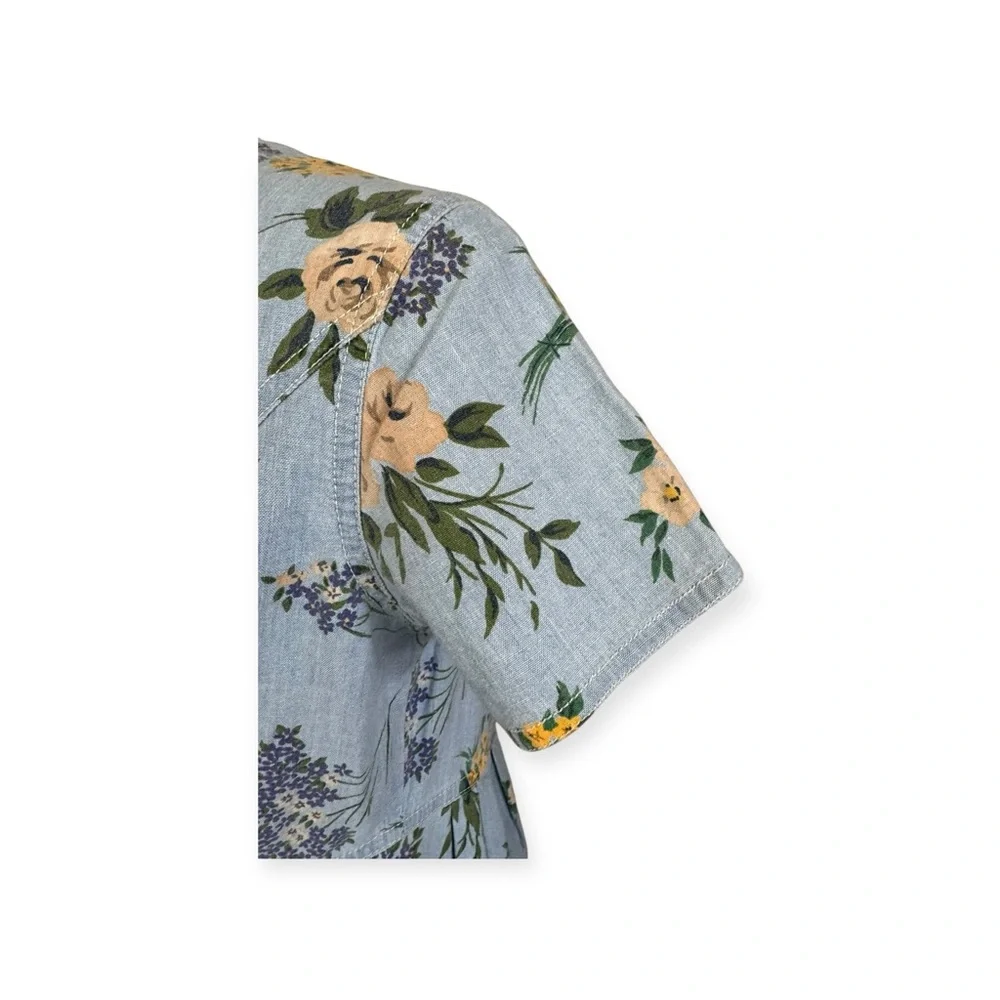 Lizwear dress long blue yellow floral short sleeve button front tie back - Picture 6 of 11